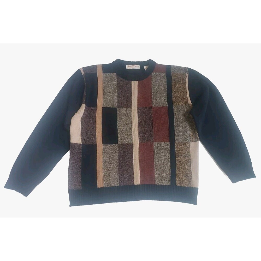 Vintage Mens Norm Thompson Black/Tan/Brown Graphic LS Wool Blend Sweater Size L